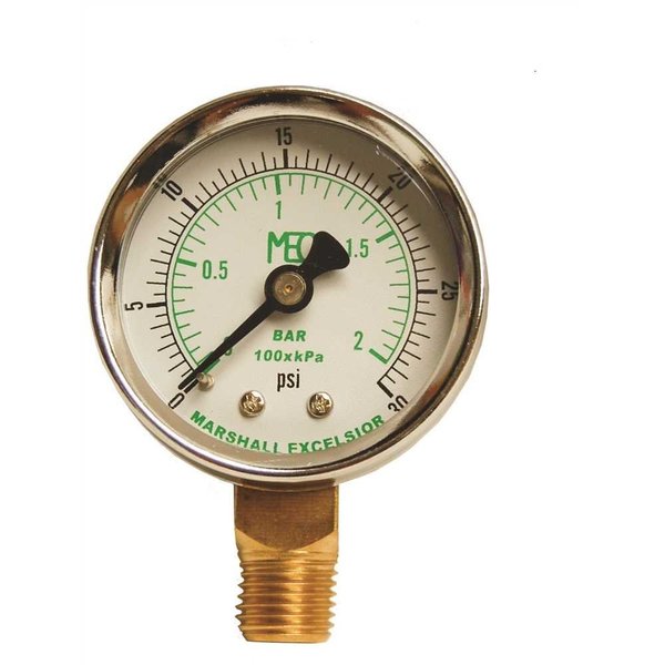 Mec Dial Dry Pressure Gauge 0-30 psi, Brass Bottom Mount 1/4 in. MNPT, 2 in. Steel Case MEJ501